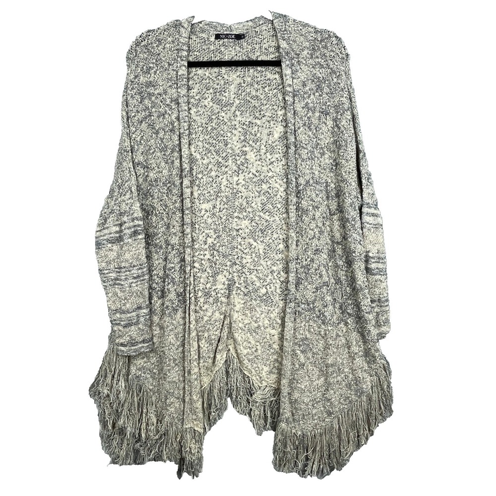 Nic + Zoe cardigan sweater womens medium gray cream fringe boho gypsy long line